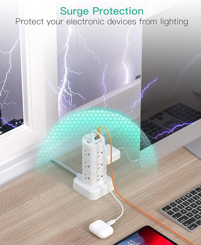 Power Strip Tower, PD20W Charging Station Desk Accessories, Flat Plug, 12 Outlets 4 USB Ports, 1080J Surge Protection, 6Ft Extension Cord with Multiple Outlets, Office Supplies, Dorm Room Essentials