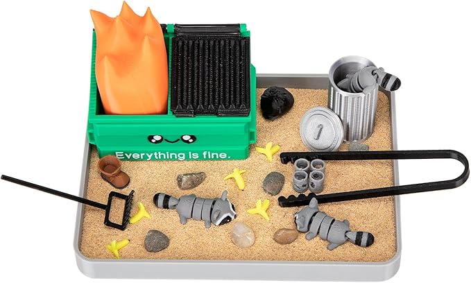 Stylor Dumpster Fire Zen Garden Desk Decor - 3D Print Plastic Miniature Sandbox with Raccoon & Flames, Humorous Office Stress Relief Gift, Includes Stones, Sand & Accessories