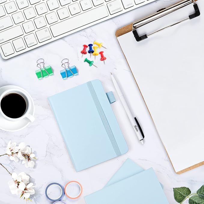 feela 3 Pack Pocket Small Notebook Journals, Mini Cute Memo Notepad Hardcover College Ruled Lined Journals with Pen Holder for Women Girls Office School, with 3 Black Pens, 3.5”x 5.5”, A6, Light Blue