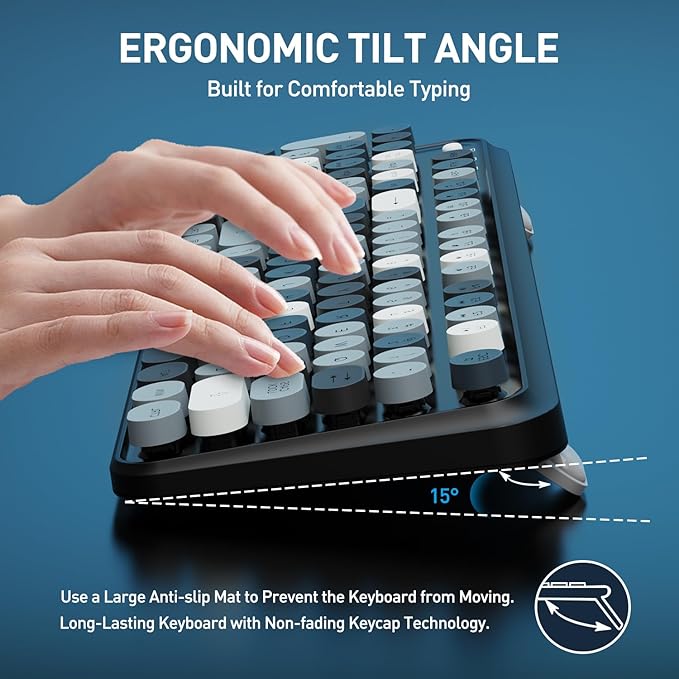 Keyboard and Mouse Wireless,Cute Retro Wireless Keyboard Mouse Combo with Round Key,2.4Ghz Dropout-Free Connection,Typewriter Keyboard Mouse Set for PC Laptop Desktop Computer-Grey Colorful