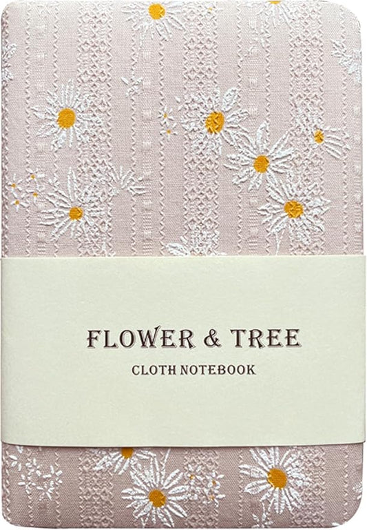 Fabric Pocket Notebook, Flower Cloth Hardcover Journal, A6, 264 Pages, 4x6 Small Notebook & Sketchbook, Similar Embroidered Journal, Lay Flat, Daisy Gifts for Women, Pink