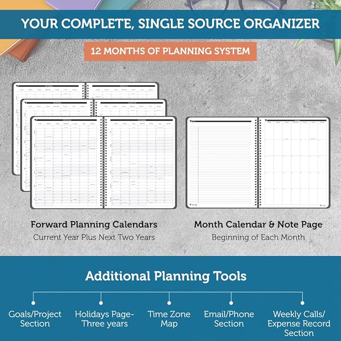 Planner Pad Spiral Bound 3-Tier Funnel Down 12 Month Organizer, October 2025 – September 2026, Black Cover/Black Ink, 6 3/4" x 8 1/2"