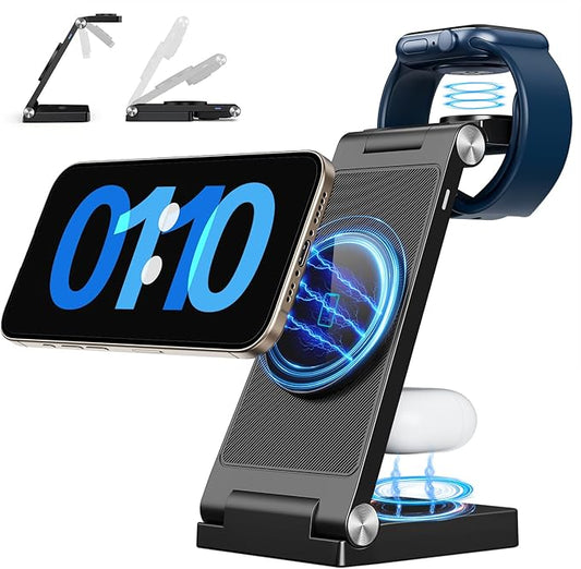 2025 Traveling Wireless Mag-Safe Fast Charging Station,Magnetic 3 in 1 Charger with Light for iPhone 17 16 15 14 13 12 Pro Max Plus,Apple Watch Series & Air pods 4 3 2 Pro-Gifts for Wife & Husband