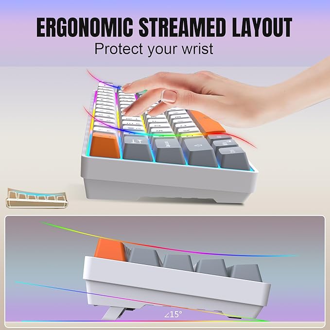 Snpurdiri 60% Wireless Gaming Keyboard and Mouse Combo,Rainbow Backlit Rechargeable 2000mAh Battery,Mini Mechanical Feel Keyboard +Popular RGB Mice for Gaming,Business Office(Gray-White-Orange)
