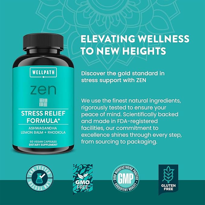 WellPath Zen Stress Relief Supplement + Mood Support | Calm, Stress & Energy Support | Ashwagandha Root, Rhodiola Rosea, L-Theanine, Lemon Balm | Herbal Capsules, 60 Ct
