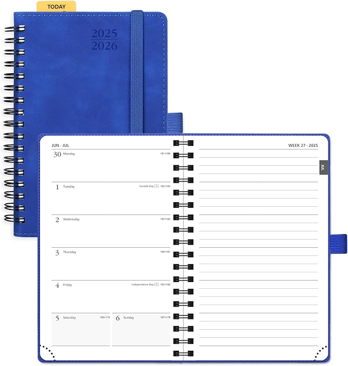 POPRUN Planner 2025-2026 Weekly Notebook (Pocket Size 4''x 6.25''), Small Academic Calendar for Purse with Spiral Soft Cover, Plastic Ruler, Inner Pocket, 100 GSM - Royal Blue
