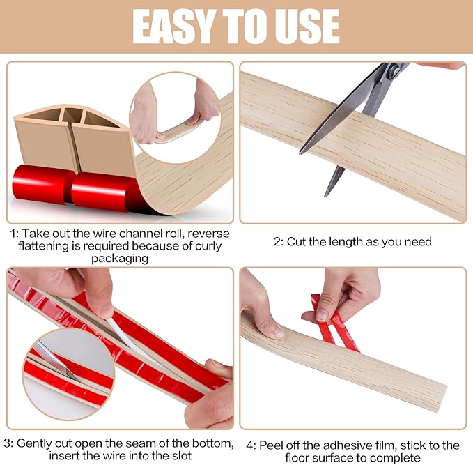 Floor Cord Cover Self Adhesive Cord Hider,3.3FT Cable Management, Extension Strip Protector for Wires, Prevent Cable Trips for Offices, Gyms, Exhibitions Cavity:0.39"(W) x 0.27"(H) Yellow Wood