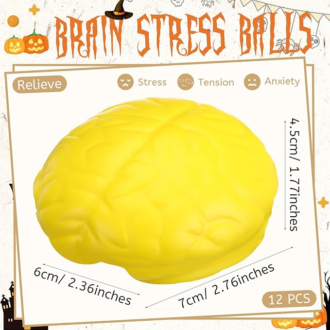 Leitee 12 Pcs Brain Stress Balls Bulk Large Halloween Brain Toys PU Hand Muscle Exercise Pressure Ball Funny Stress Relief Toy for Teens Adult Improving Grip Strength Prop(Yellow)