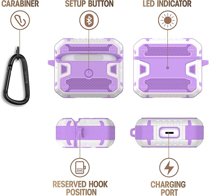 Koaichi Compatible with AirPods 3rd Generation Case(2021), Full-Body Rugged Hard Shell Protective Case Cover with Keychain Designed for AirPods 3 Case, Purple/White