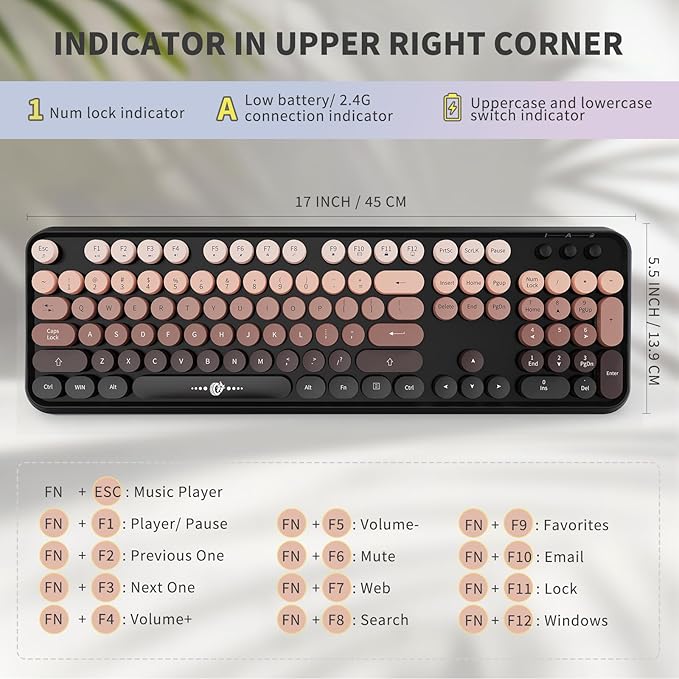 Wireless Keyboard Mouse Combo,104 Round Keys Cute Colorful Keyboard with Retro Typewriter Style,Letton Full Size Keyboard with Number Pad&Mouse with 3 DPI for PC Mac Laptop Computer Windows-Black