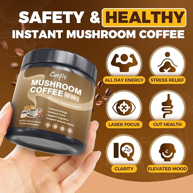 Mushroom Coffee,10 Adaptogenic Mushrooms With Oatmeal Powder MCT Oil, Hydrolyzed Collagen, Instant Coffee with Lion's Mane, Chaga, Cordyceps, L-Theanine for Energy, Focus, Digestion and Immunity, 160G