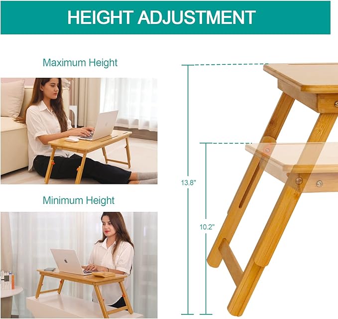 Laptop Desk for Bed, COIWAI Laptop Bed Tray, Bamboo Lap Desk with Tablet Slot, Adjustable Height Angle, Foldable Tray for Sofa Couch Floor, with Storage Drawer - Large