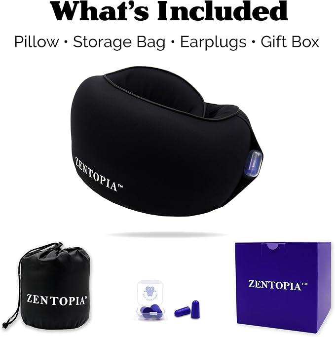 Memory Foam Travel Neck Pillow – Ergonomic 360° Head & Neck Support for Airplanes, Car & Home – Compact Washable Cover, Carry Bag & Earplugs – Best Neck Pillow Airplane, Travel Pillow for Long Flights