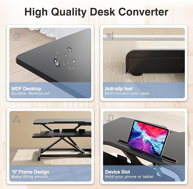 Standing Desk Converter 32 inch, Height Adjustable Sit Stand Desk Riser, Quick Sit to Stand Tabletop Dual Monitor Riser Workstation for Home Office with Keyboard Tray, Black