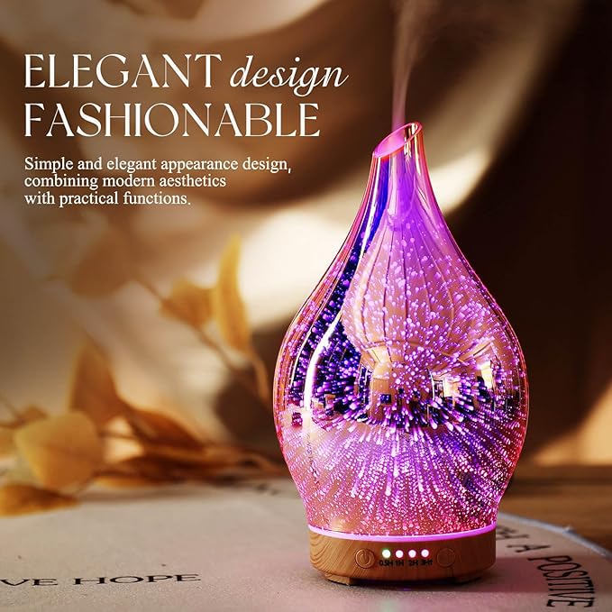 Porseme Essential Oil Diffuser 3D Firework Glass Aromatherapy Ultrasonic Humidifier Rose Gold, Auto Shut-Off, Timer Setting, BPA Free, Aroma Decoration for Home, Office, Gym, Spa, Premium Gift 150ml
