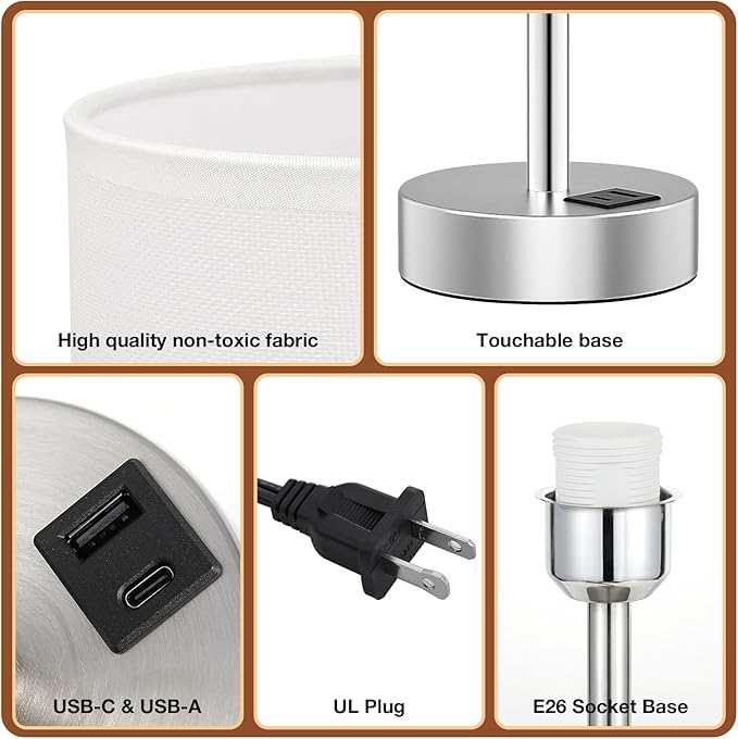 White Touch Bedside Lamp with USB - 3 Way Dimmable Table Lamp for Bedroom, Nightstand Lamp with Nickel Charging Station and Silver LampHolder for Dorm Kids Room, Small