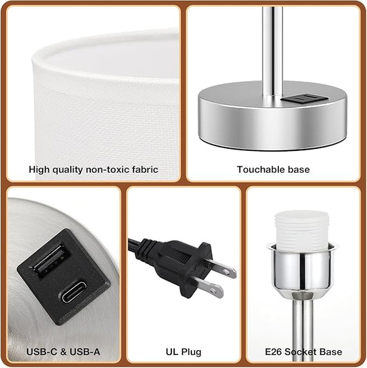 White Touch Bedside Lamp with USB - 3 Way Dimmable Table Lamp for Bedroom, Nightstand Lamp with Nickel Charging Station and Silver LampHolder for Dorm Kids Room, Small