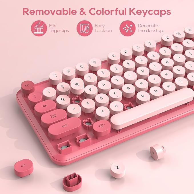 Wireless Keyboard and Mouse Combo - Round Keycaps, Full-Size Retro Typewriter Keyboard with Detachable Wrist Rest, Sleep Mode & Tilt Legs, 2.4GHz Cordless Connection for Mac/Windows/PC (Hot Pink)