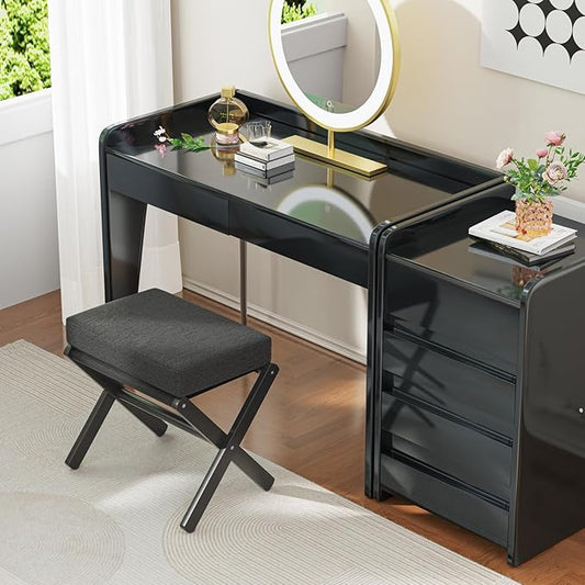 Foldable Foot Stool Ottoman, Modern Foot Rest with Bamboo X Legs & Thick Foam Cushion, Folding Foot Stools Small Padded for Bedroom Living Room, Makeup Vanity Stool Chair (Black - Black)