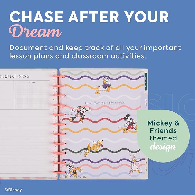 Happy Planner Disney Disc-Bound 12-Month Academic Planner, July 2025–June 2026, 3 Extra Months, 2 Sticker Sheets, Big Size, Teacher Layout, Mickey Mouse & Friends Theme, Current Classroom