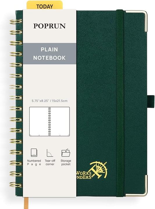 POPRUN Blank Journal Notebook, [A5-5.75'' x 8.25''] - 120 GSM Thick Paper, 141 Numbered Pages, Spiral Hardcover for Men & Women with Pocket, Index Tabs, 8 Perforated Sheets, Dark Green