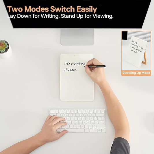 Desktop Glass Whiteboard with Reversible Wood Stand, Small White Board, Mini Dry Erase Whiteboard Easel for Desk, Reusable Desk Notepad 9.5"x6.7" for Home, Office, Accessories Included, Yeoux