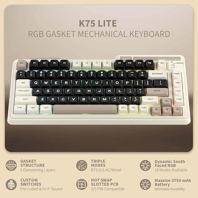 K75 Lite Wireless Mechanical Keyboard, 75% Gasket Mount RGB Gaming Keyboard w/ 3-Mode Knob BT 5.0/2.4G/USB-C Wired, Hot Swappable, 5-Layer Padding & Creamy Linear Switches, Compact 82 Keys