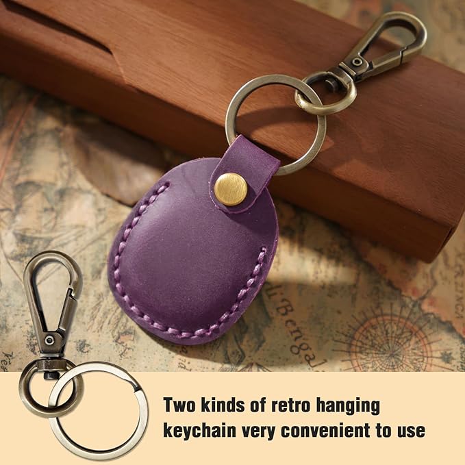 for Airtag Holder, Portable Genuine Leather Air Tag Keychain with Key Rings Full Coverage Air Tags Hidden Case Cover Compatible with Airtag Purple