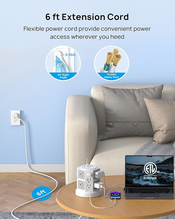 TROND Tower Surge Protector Power Strip with 14 Widely Spaced Outlets, 4 USB Ports(2 USB C), 2100J Surge Protection, 6 Feet Extension Cord with Multiple Outlets, Office Desk Supplies, Dorm Essentials