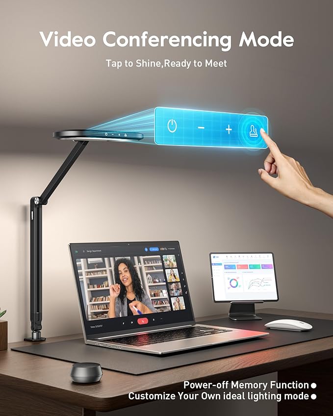 LED Desk Lamp for Home Office, Eye-Care Double-Sided Desk Light with Stepless Dimmable Knob Remote, Memory, Adjustable Arm Clip on Light for Video Recording, Zoom Call, Study, Flicker-Free, Glare-Free
