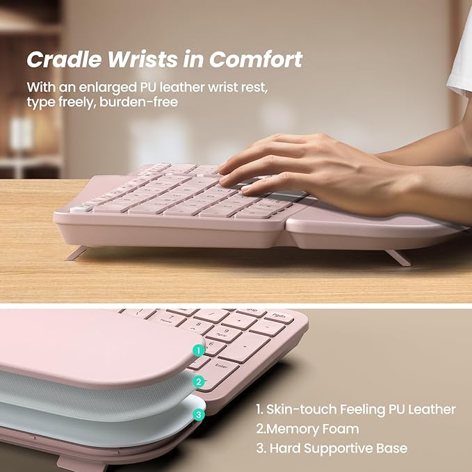 Nulea Wireless Ergonomic Keyboard, Split Keyboard with Cushioned Wrist Rest, Bluetooth and USB Connectivity, USB-C Rechargeable, Compatible with Windows Mac (Grey Pink)