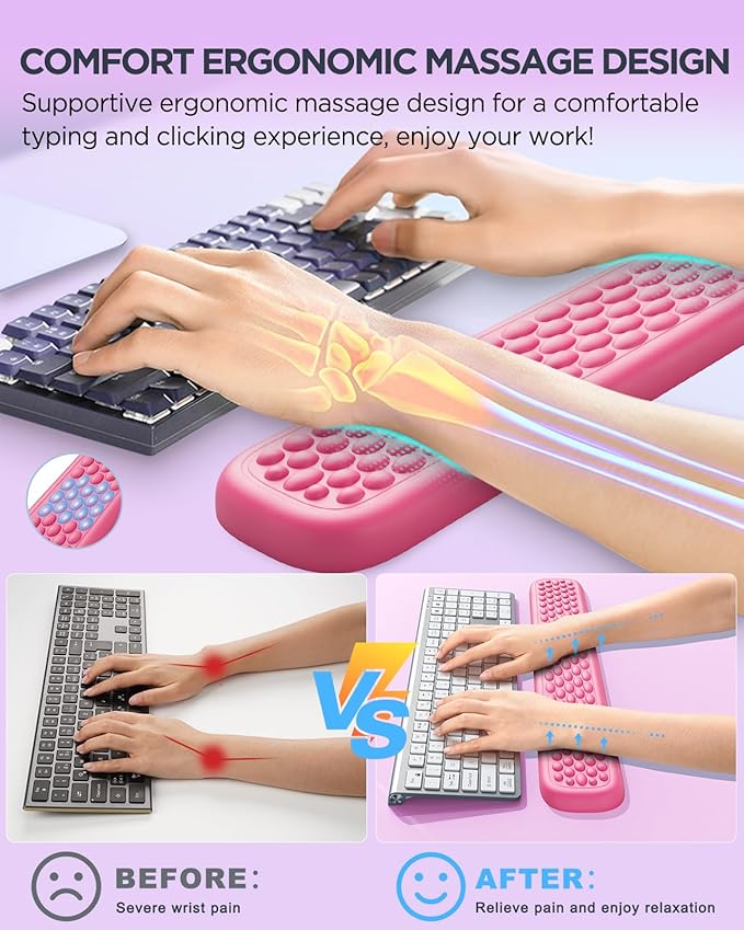 Lekvey Ergonomic Keyboard Wrist Rest - Memory Foam with Massage Points & Waterproof PU Leather Wrist Pad, Carpal Tunnel Support for Office Computer/Gaming, Typing Pain Relief, Easy-Clean（Rose Pink）