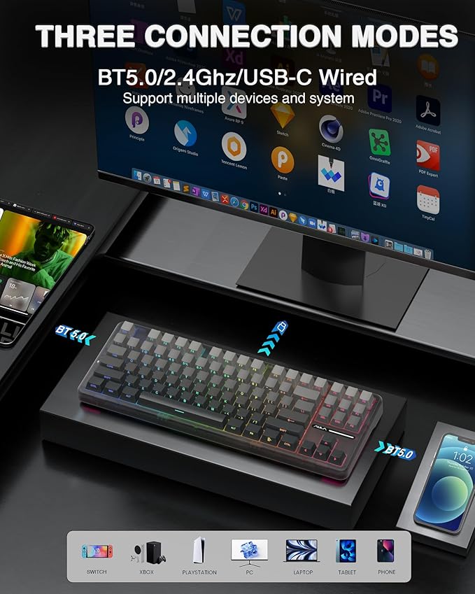 AULA F87 Pro Wireless Mechanical Keyboard,Tri-Mode BT5.0/2.4GHz/USB-C Hot Swappable Custom Keyboard,Pre-lubed Switches,Side Printed PBT Keycaps,75% TKL RGB Backlit Gaming Keyboards