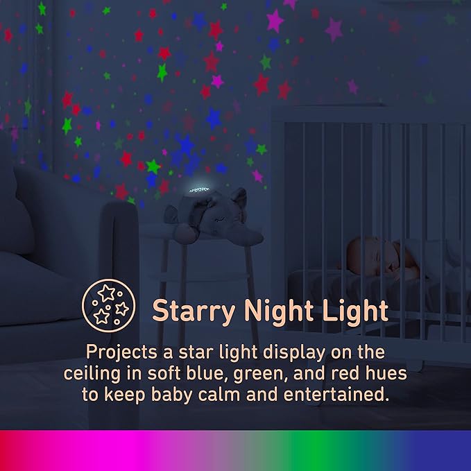 PureBaby Sound Sleepers Portable Sound Machine & Star Projector - Plush Sleep Aid for Baby and Toddlers with Soothing Night Light Display, 10 Lullabies, White Noise, and Heartbeat Sounds (Elephant)