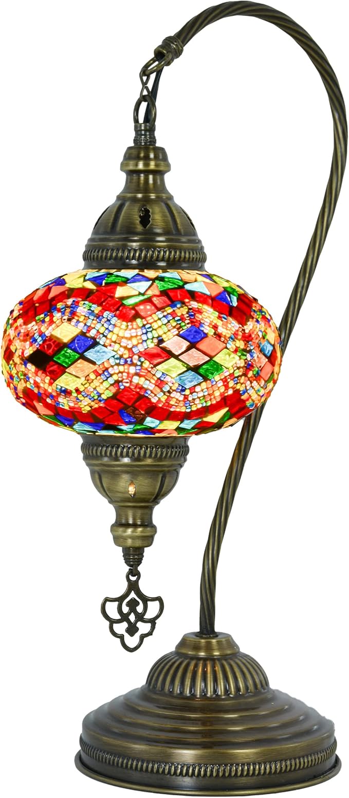 mozaist Turkish Mosaic Gooseneck Bedside Table Lamp, Handmade Boho Colorful Nightstand for Bedroom Corner, Moroccan Vintage Rustic Home Decor Desk Light with E12 Socket & US Plug (Anatolian Rug)