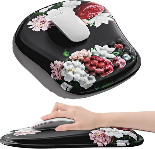 Mouse Pad with Wrist Rest, Ergonomic Mousepads with Wrist Support, Soft Lycra Fabric Memory Foam Office Desk Accessories for Comfort/Pain Relief/PC Gaming/Computer/Laptop (Black Peony)