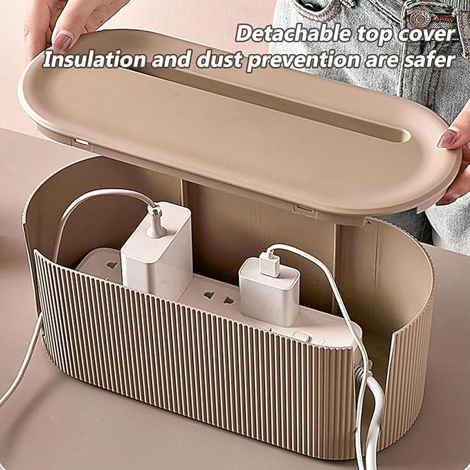 Cable Management Box,Desk Cord Organizer with Groove Cover,Plastic Cord Hider Box,Large Cable Box Organizer,Power Socket Management for TV/Computer/Router/Games Console Cable Storage (Milk Tea)