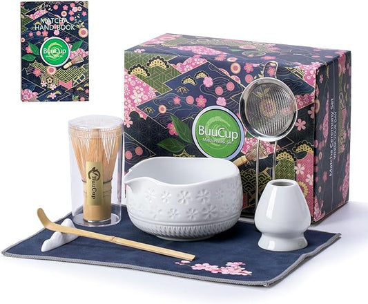 Matcha Whisk Set, Ceramic & Bamboo, 7 Pcs, White, Includes Bowl, Whisk, Holder, Scoop, Rest, Sifter, Tea Towel