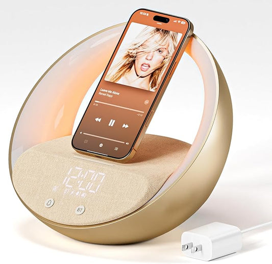 Bluetooth Alarm Clock, Sunrise Simulation Wake Up Night Light, 15W Fast Wireless Charging Alarm Clock for Bedroom, 10W Bluetooth Stereo Sound Speaker, USB Charger Port