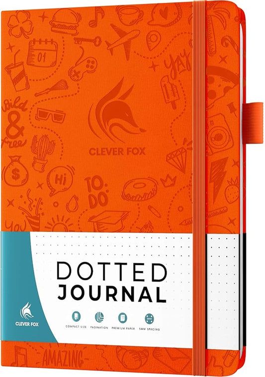 Clever Fox Dotted Journal 2.0 – Compact Planning and Sketching Dot Grid Notebook 120 GSM Thick, No-Bleed Paper – Planner with Pen Loop, Pocket, Ribbons, Stickers A5 - Orange