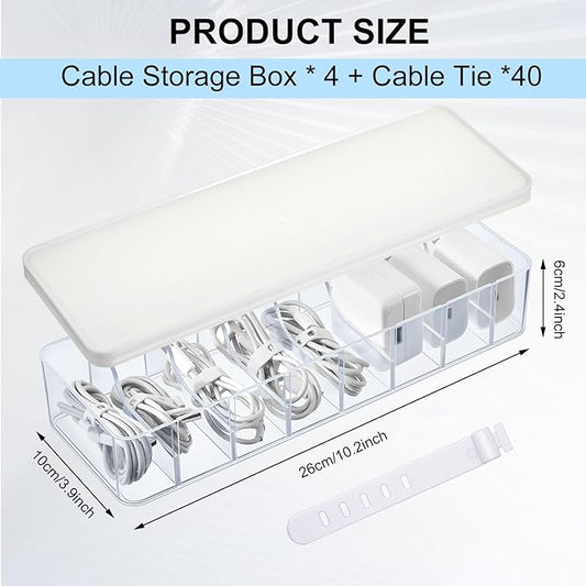 Tatuo 4 Pcs Cable Organizer Box with Wire Ties, Plastic Cord Storage Box with Lid, Electronics Organizer for Home Office Desk Organizers and Accessories (10.79'' X 3.78'' X 1.97'',Clear,White)