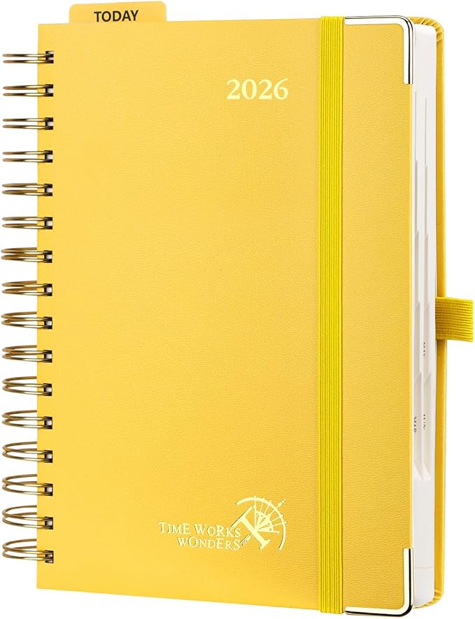 POPRUN 2026 Daily Planner One Page A Day - [8.5" x 5.75" Wire-Bound Hard Cover] Agenda 2026 Hourly Appointment Book with Monthly Calendar, Inner Pocket, Ivory Paper - Light Yellow