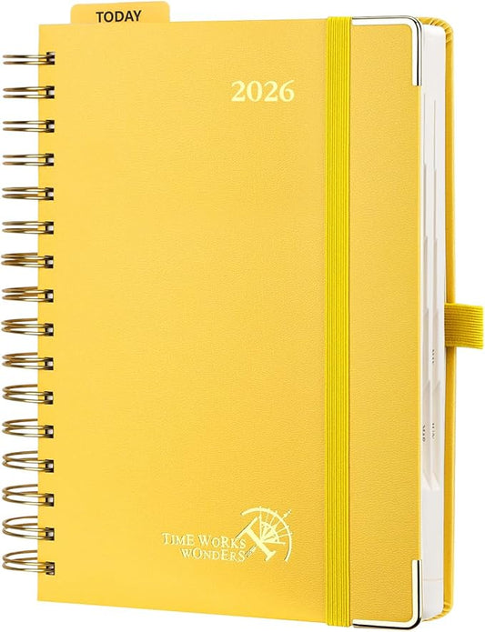 POPRUN 2026 Daily Planner One Page A Day - [8.5" x 5.75" Wire-Bound Hard Cover] Agenda 2026 Hourly Appointment Book with Monthly Calendar, Inner Pocket, Ivory Paper - Light Yellow