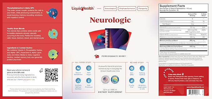 LIQUIDHEALTH Neurologic Focus Supplement - Brain Booster Nootropic Supplement for Cognitive Function, Memory & Focus with Ginkgo Biloba, Choline, L-Theanine & Phosphatidylserine - USA Made (2 Pack)