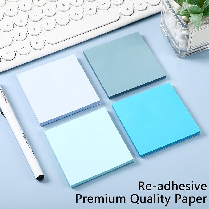 Thenshop 12 Pads Blue Sticky Notes 3''x3'', Self Stick Notes Pads Blue Office Supplies, Vintage Aesthetic School Accessories 50 Sheets/pad