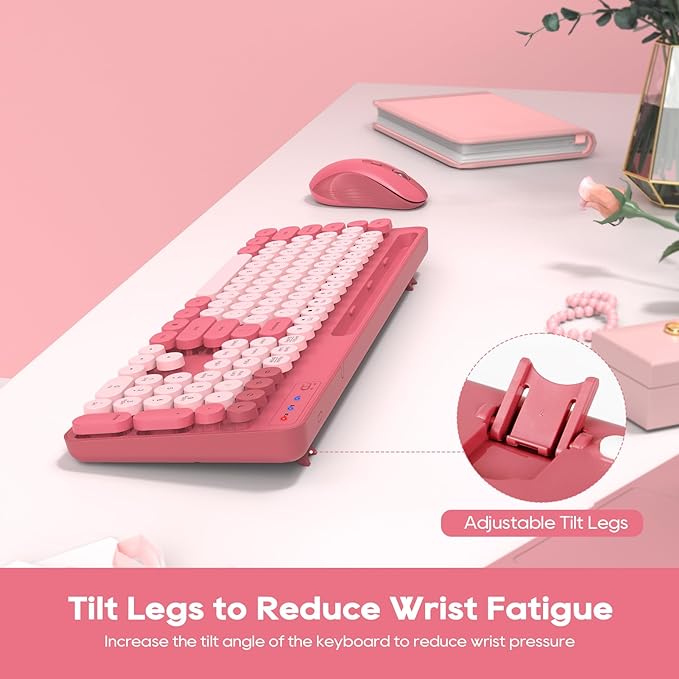 Wireless Keyboard and Mouse Combo, Retro Round Keycaps, Cute Full-Size Typewriter Keyboard with Phone Holder, Sleep Mode, Click Soft, 2.4GHz Cordless Connection for Windows/PC/Laptop (Pink-Colorful)