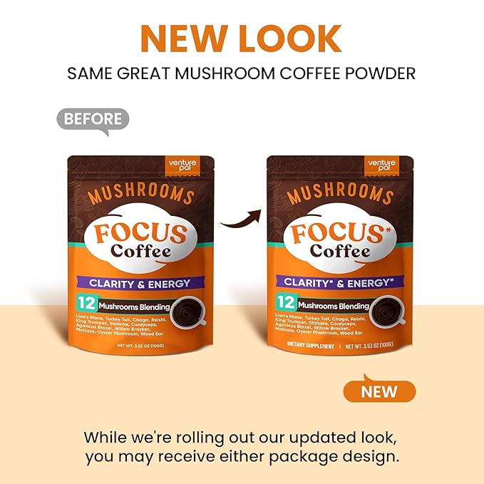 Venture Pal Mushroom Coffee with 12 Adaptogenic Functional Mushrooms with Ashwagandha, Lion's Mane, Chaga and Probiotics, 1200mg Mushrooms Instant Coffee for Focus, Digestion & Immunity - 40 Servings