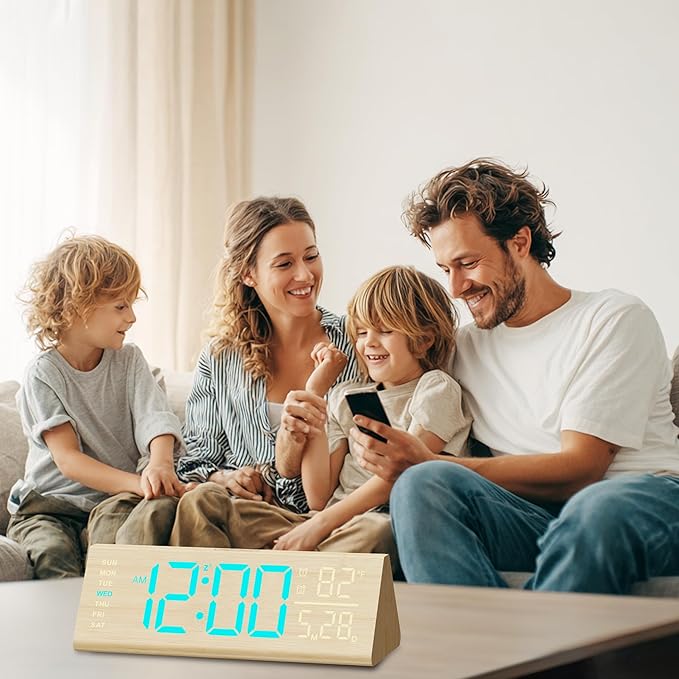 Solid Wood Digital Alarm Clock for Bedroom - 8.8 Inch Large Display for Living Room, See Time Instantly! Multicolor Backlight Time Display, Dual Alarms, Date/Temp/Day, DST, Snooze (Bamboo)