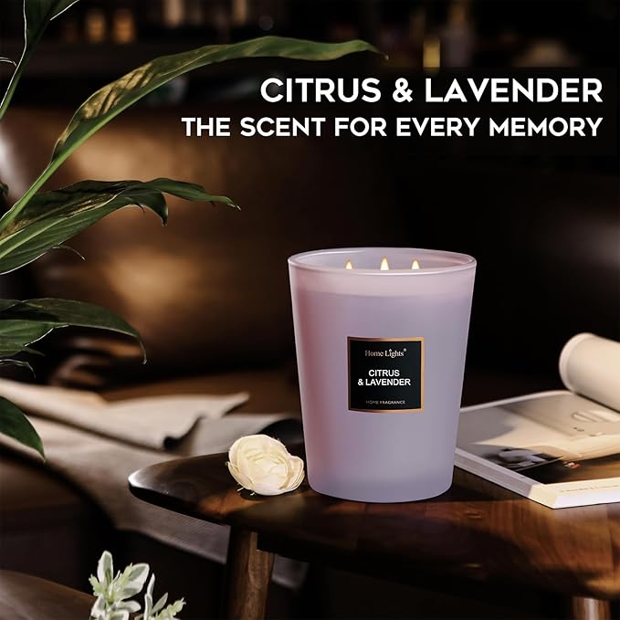 HomeLights Scented Candles - Large Jar Aromatherapy, Natural Soy Wax, 130 Hour Long Burning, Citrus & Lavender
