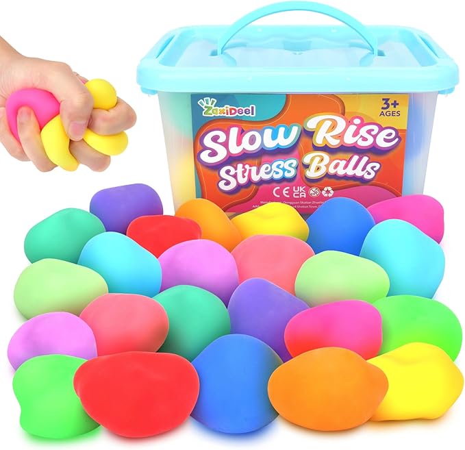 Mini Slow Rising Stress Balls 24 Pack, Stretchy Squishy Ball for Anxiety Relief, Fidget Toys Classroom Supplies for Student Teacher, Travel Sensory Toys for Kids Adults